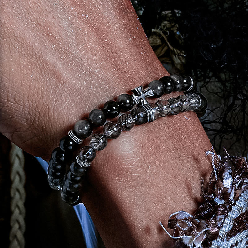 Bracelet double Olivenorma en argent, obsidienne et quartz noir rutile - image 3