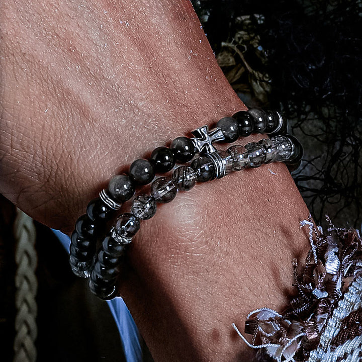 Bracelet double Olivenorma en argent, obsidienne et quartz noir rutile - image 3