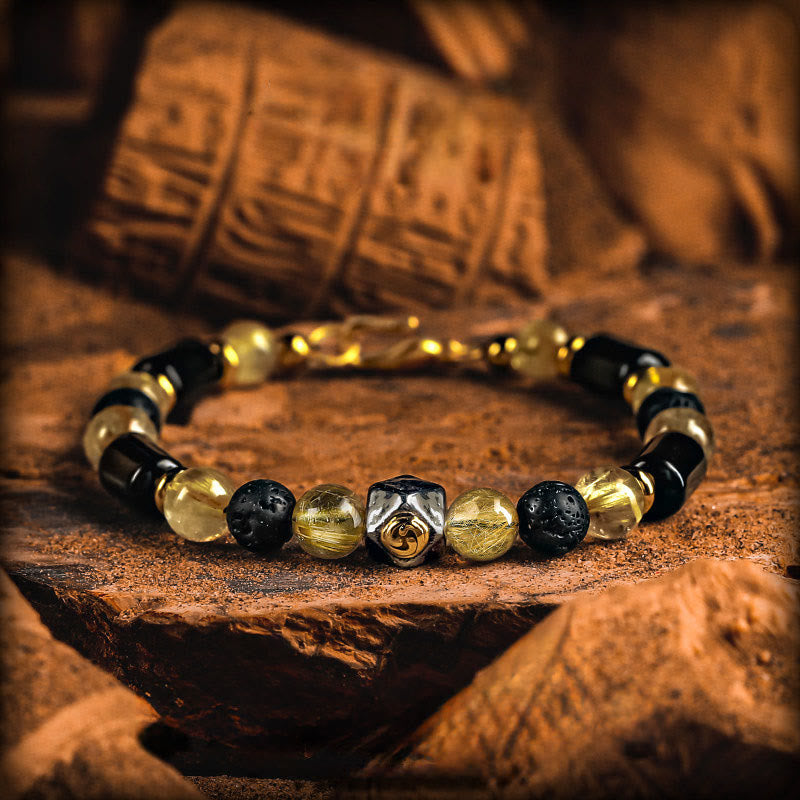 Bracelet Olivenorma en perles de quartz rutile doré et de pierre de lave - Style 3 - 18 cm - image 3