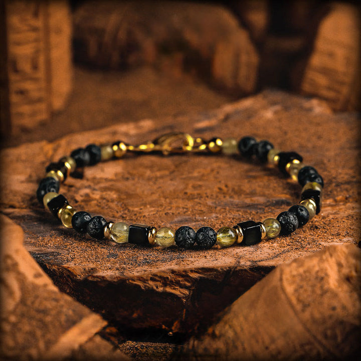 Bracelet Olivenorma en perles de quartz rutile doré et de pierre de lave - Style 1 - 18 cm - image 1