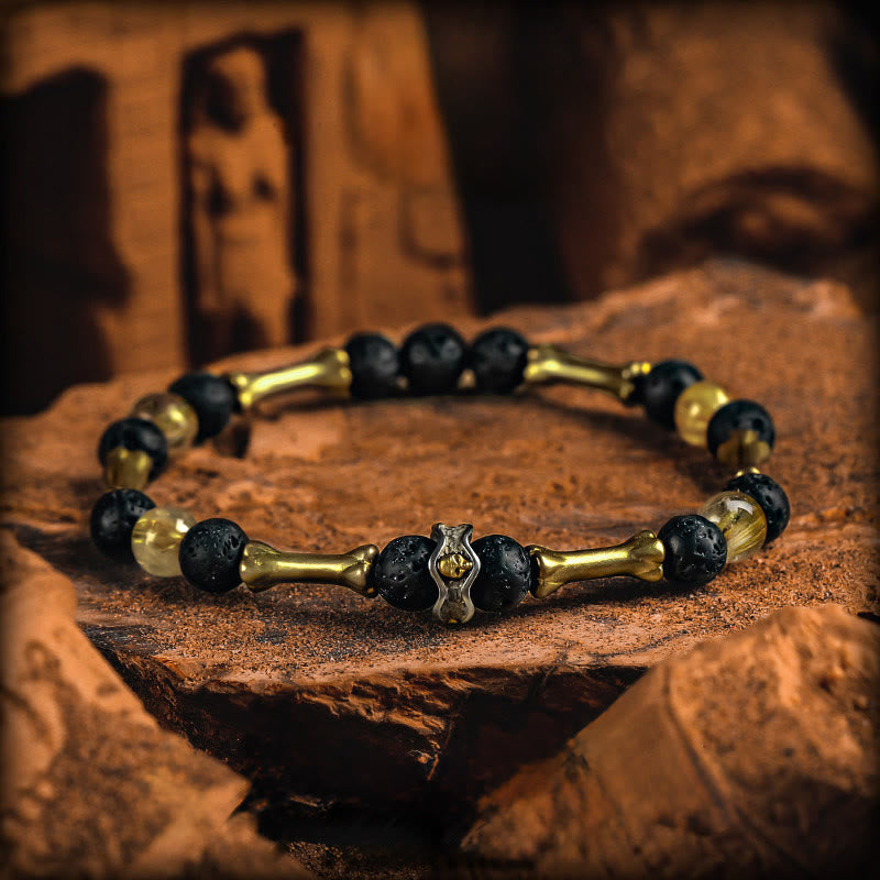 Bracelet Olivenorma en perles de quartz rutile doré et de pierre de lave - Style 2 - 18 cm - image 2