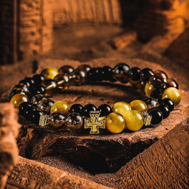 Bracelet Olivenorma Cross en quartz fumé et obsidienne à double tour de perles - 18 cm - image 0