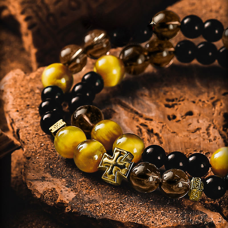 Bracelet Olivenorma Cross en quartz fumé et obsidienne à double tour de perles - image 2