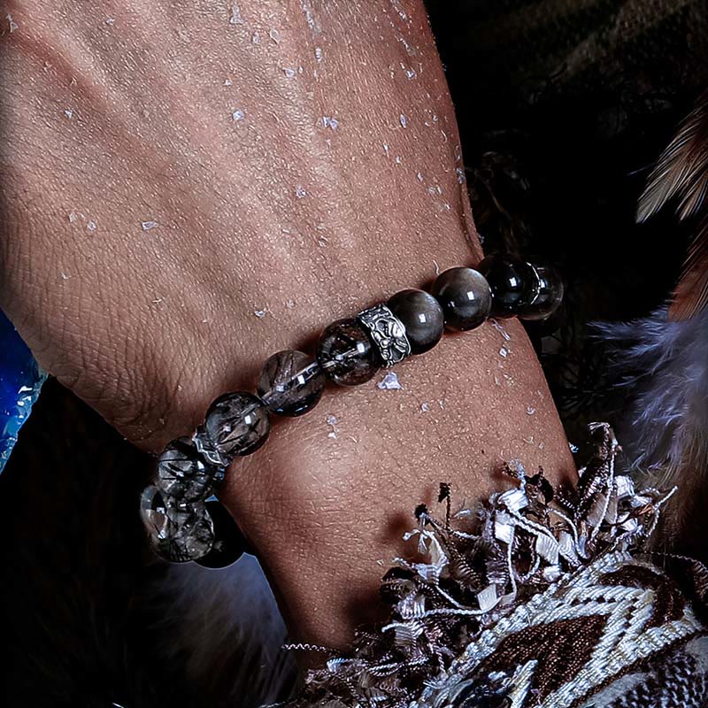 Bracelet Olivenorma en perles de quartz noir, rutile et obsidienne argentée - image 5