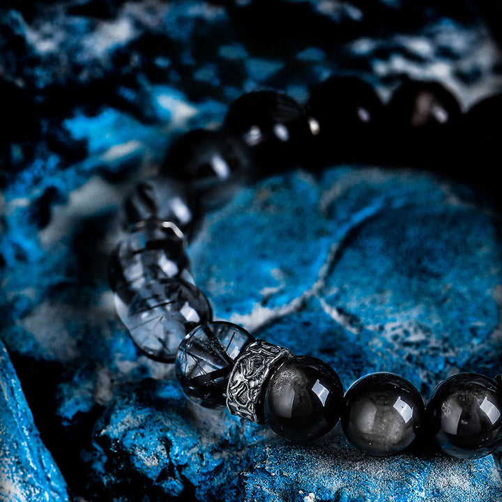 Bracelet Olivenorma en perles de quartz noir, rutile et obsidienne argentée - image 2