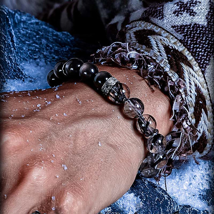 Bracelet Olivenorma en perles de quartz noir, rutile et obsidienne argentée - image 4