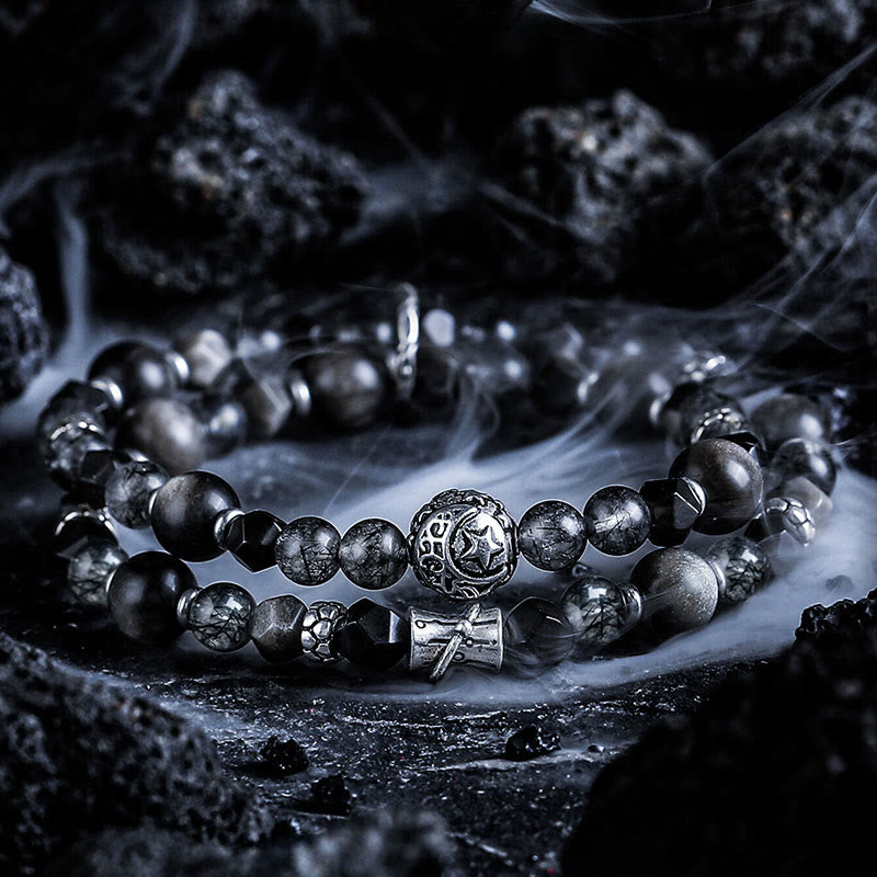 Bracelet Olivenorma double tour en quartz noir, rutile et obsidienne argentée - 18 cm - image 0