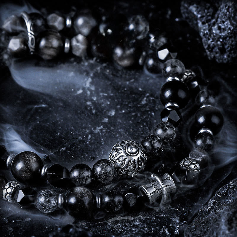 Bracelet Olivenorma double tour en quartz noir, rutile et obsidienne argentée - image 2