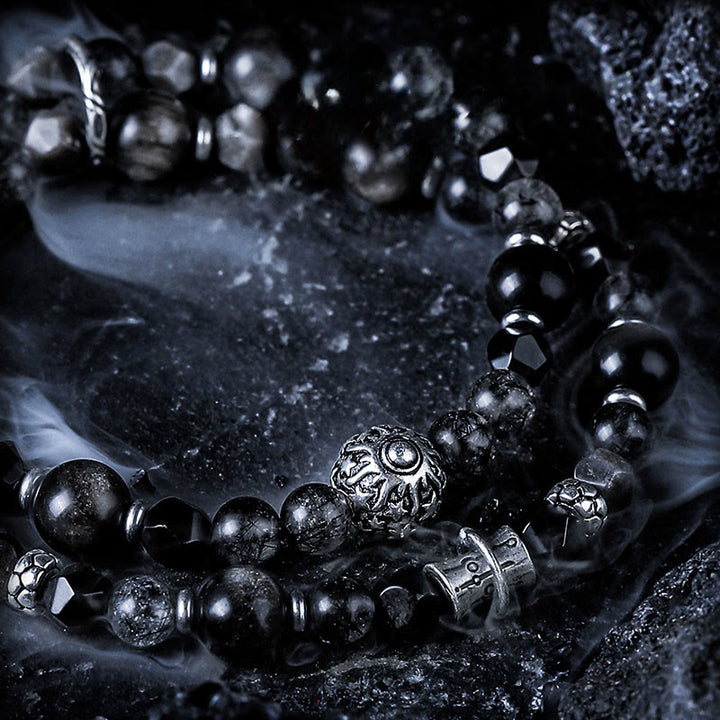 Bracelet Olivenorma double tour en quartz noir, rutile et obsidienne argentée - image 2