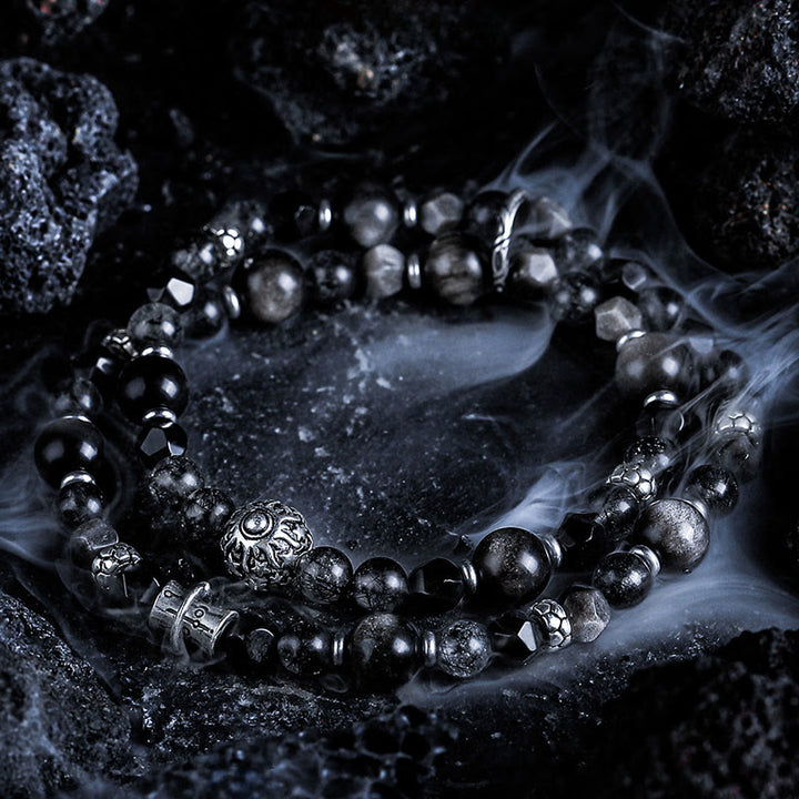 Bracelet Olivenorma double tour en quartz noir, rutile et obsidienne argentée - image 1