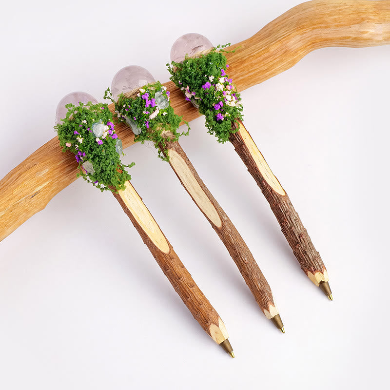 Stylo à bille en bois et pierres précieuses naturelles Olivenorma, baguettes de cristal - Boule de quartz rose (Herbe) - image 43