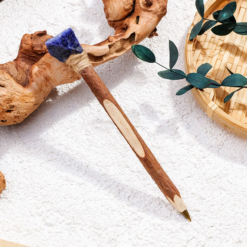 Stylo à bille en bois et pierres précieuses naturelles Olivenorma, baguettes de cristal - Sodalite bleue - image 14