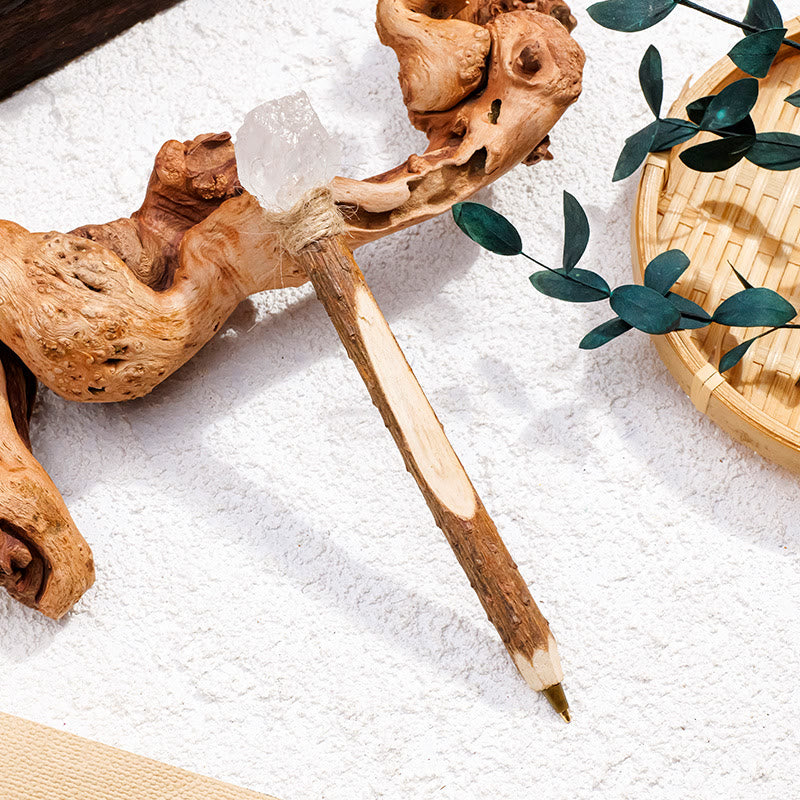 Stylo à bille en bois et pierres précieuses naturelles Olivenorma, baguettes de cristal - Quartz clair - image 3