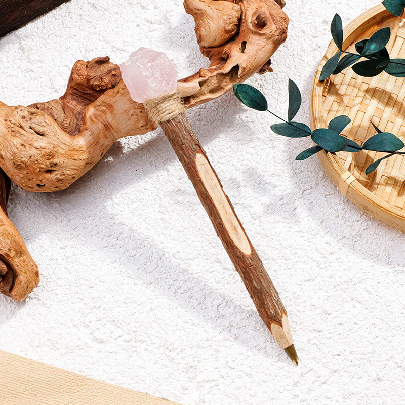 Stylo à bille en bois et pierres précieuses naturelles Olivenorma, baguettes de cristal - Quartz rose - image 7