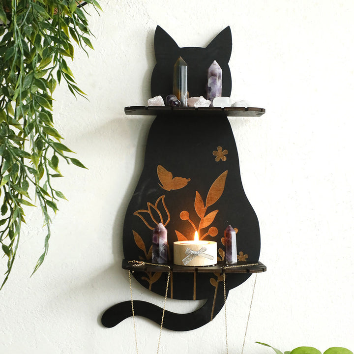 Étagère à cristaux double couche Olivenorma en bois, style gothique, chat - Chat gothique - image 0