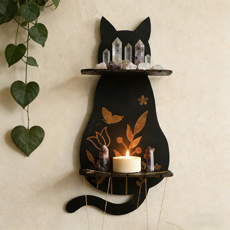 Étagère à cristaux double couche Olivenorma en bois, style gothique, chat - image 2