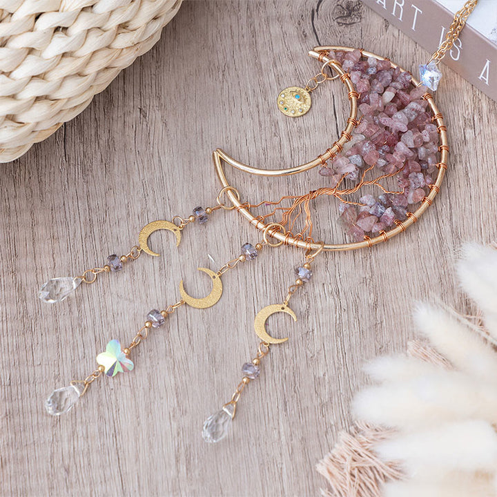 Carillon éolien Olivenorma en quartz fraise, lune de guérison et arbre de vie - image 0