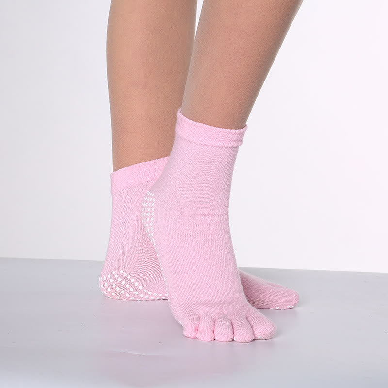 Chaussettes de Pilates Barre Fitness Olivenorma antidérapantes avec séparation des orteils, en coton respirant et confortable « Love Yoga », chaussettes à cinq orteils. - Couleur unie et rose - 10 paires - image 3