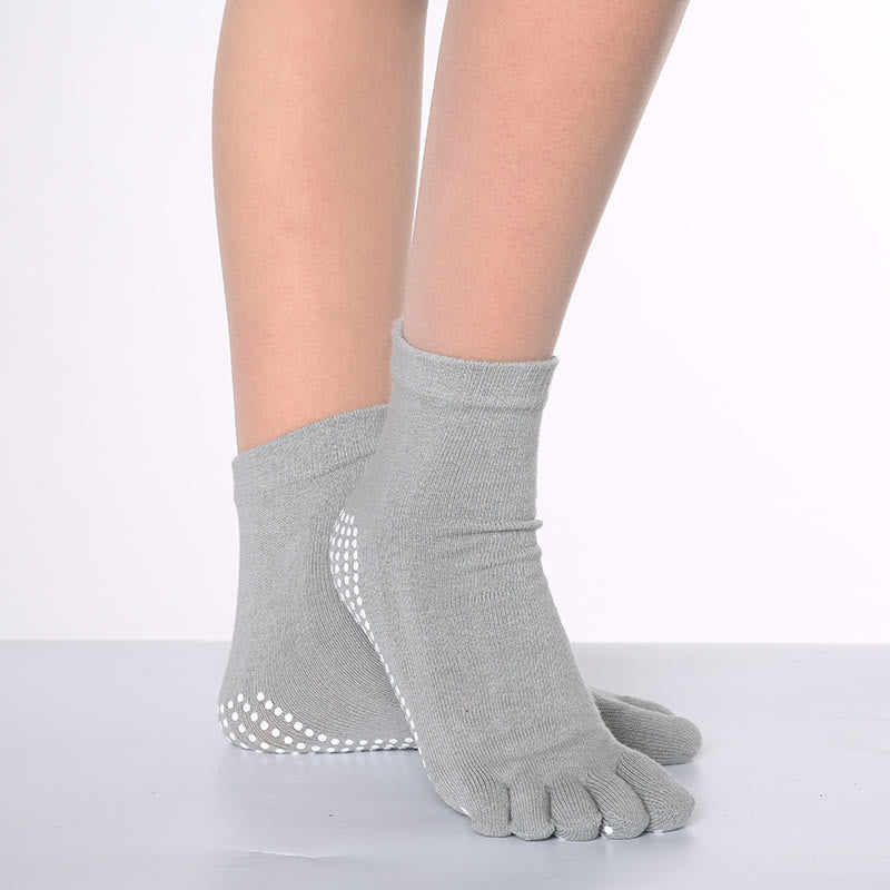Chaussettes de Pilates Barre Fitness Olivenorma antidérapantes avec séparation des orteils, en coton respirant et confortable « Love Yoga », chaussettes à cinq orteils. - Couleur unie et gris - 10 paires - image 2