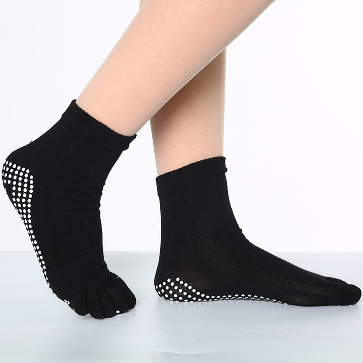 Chaussettes de Pilates Barre Fitness Olivenorma antidérapantes avec séparation des orteils, en coton respirant et confortable « Love Yoga », chaussettes à cinq orteils. - Couleur unie et noir - 10 paires - image 1