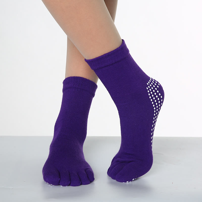 Chaussettes de Pilates Barre Fitness Olivenorma antidérapantes avec séparation des orteils, en coton respirant et confortable « Love Yoga », chaussettes à cinq orteils. - Couleur unie et violet moyen - 10 paires - image 4