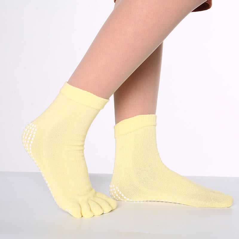 Chaussettes de Pilates Barre Fitness Olivenorma antidérapantes avec séparation des orteils, en coton respirant et confortable « Love Yoga », chaussettes à cinq orteils. - Couleur unie et jaune clair - 10 paires - image 9