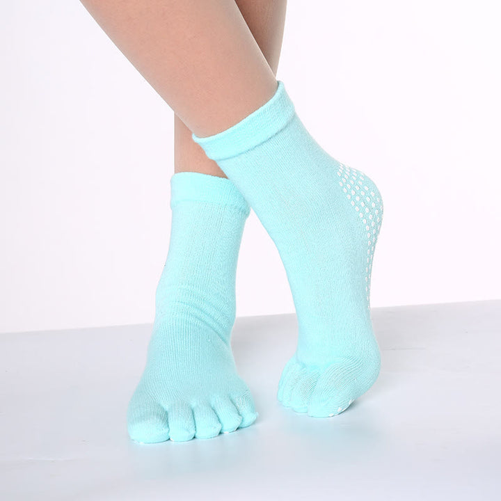 Chaussettes de Pilates Barre Fitness Olivenorma antidérapantes avec séparation des orteils, en coton respirant et confortable « Love Yoga », chaussettes à cinq orteils. - Couleur unie et bleu clair - 10 paires - image 6