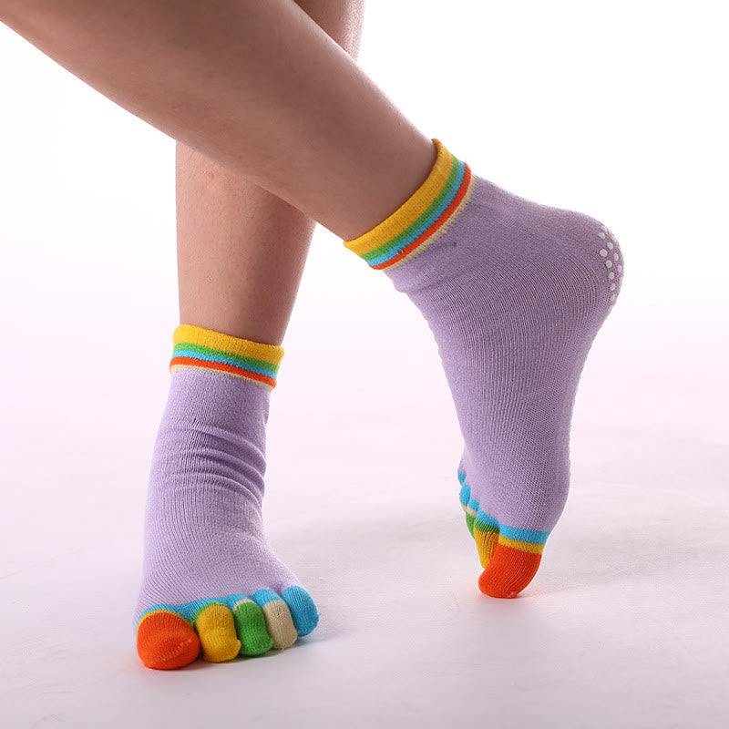 Chaussettes de Pilates Barre Fitness Olivenorma antidérapantes avec séparation des orteils, en coton respirant et confortable « Love Yoga », chaussettes à cinq orteils. - Orteils de couleur et violet clair - 10 paires - image 13