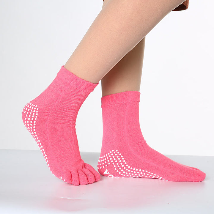 Chaussettes de Pilates Barre Fitness Olivenorma antidérapantes avec séparation des orteils, en coton respirant et confortable « Love Yoga », chaussettes à cinq orteils. - Couleur unie et rose rouge - 10 paires - image 8