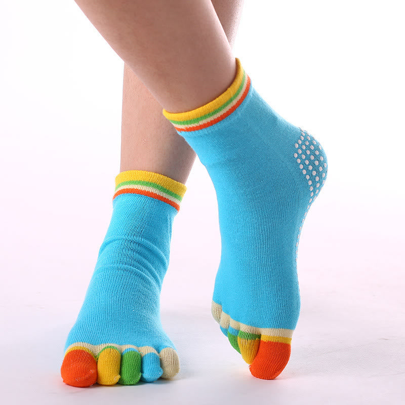 Chaussettes de Pilates Barre Fitness Olivenorma antidérapantes avec séparation des orteils, en coton respirant et confortable « Love Yoga », chaussettes à cinq orteils. - Orteil de couleur et bleu - 10 paires - image 15