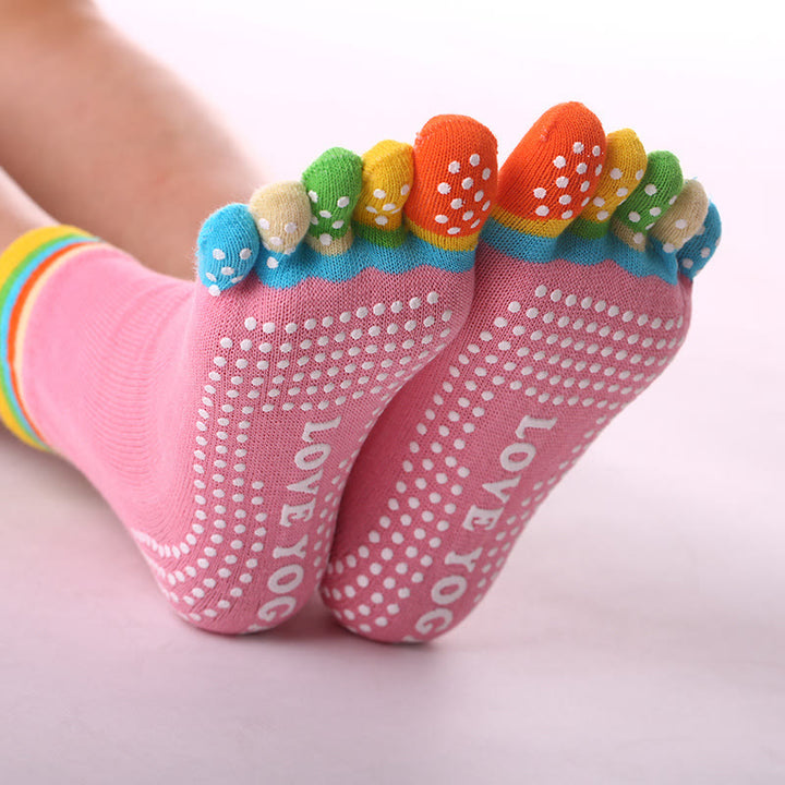 Chaussettes de Pilates Barre Fitness Olivenorma antidérapantes avec séparation des orteils, en coton respirant et confortable « Love Yoga », chaussettes à cinq orteils. - Orteils colorés et roses - 10 paires - image 0