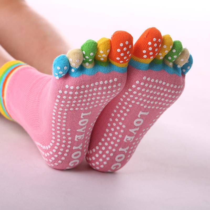 Chaussettes de Pilates Barre Fitness Olivenorma antidérapantes avec séparation des orteils, en coton respirant et confortable « Love Yoga », chaussettes à cinq orteils. - Orteils colorés et roses - 10 paires - image 0