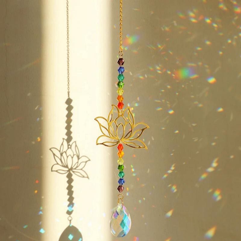 Pendentif en cristal Olivenorma Aurora Borealis avec breloque lotus doré et carillon éolien - Lotus-B - image 3