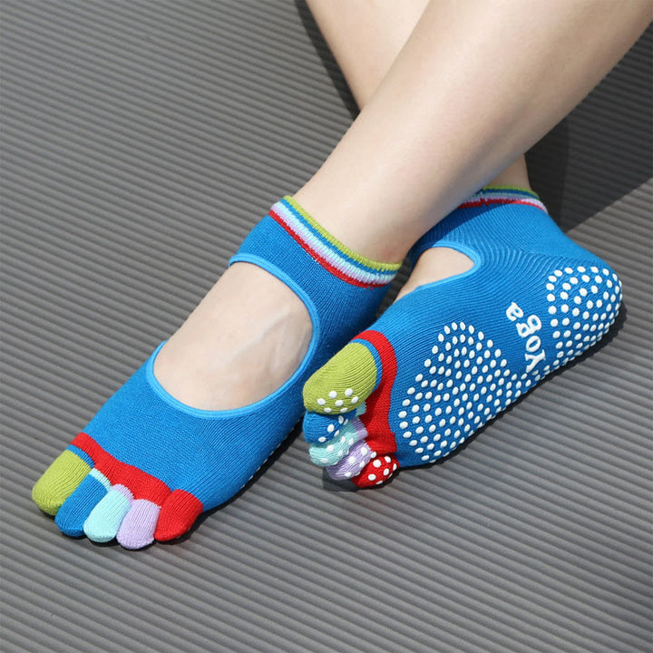 Chaussettes de Pilates Olivenorma antidérapantes avec séparation des orteils, légères et respirantes, pour un confort optimal et un maintien des orteils jusqu'à la cheville. Chaussettes de yoga à cinq orteils. - Dos nu et bleu - 10 paires - image 10