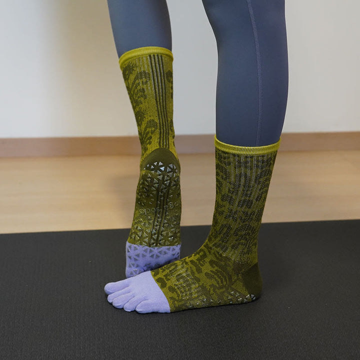 Chaussettes de yoga Olivenorma à cinq orteils, antidérapantes et à imprimé floral - Vert - 2 paires - image 3
