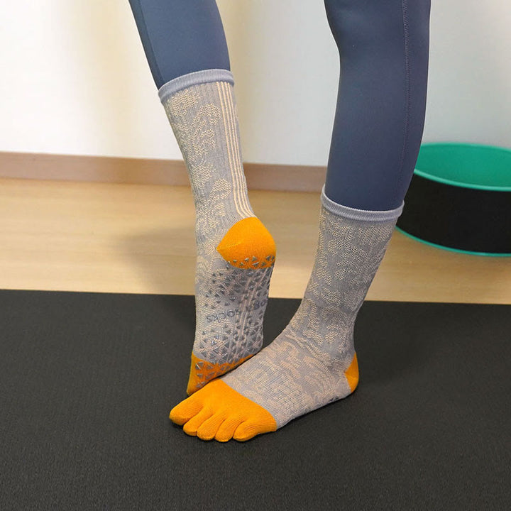Chaussettes de Pilates et barre Olivenorma respirantes, antidérapantes et à cinq orteils, en coton confortable avec imprimé floral. - Orange - 10 paires - image 1