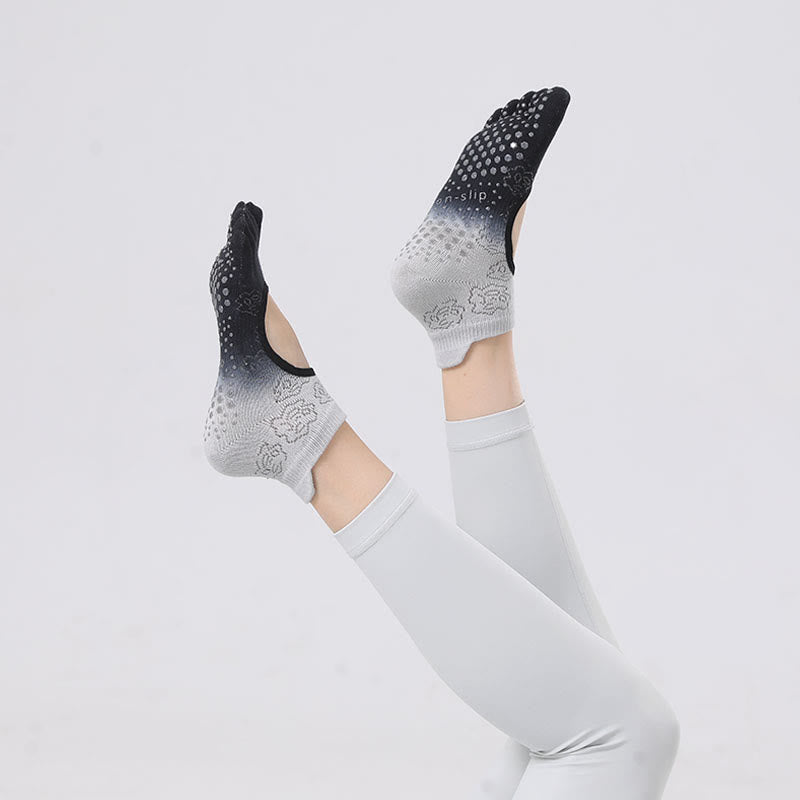 Chaussettes de Pilates et de danse Olivenorma antidérapantes, respirantes, à talon ouvert et dégradées, sans dos, pour le yoga et le yoga. - Gris et noir - 10 paires - image 5