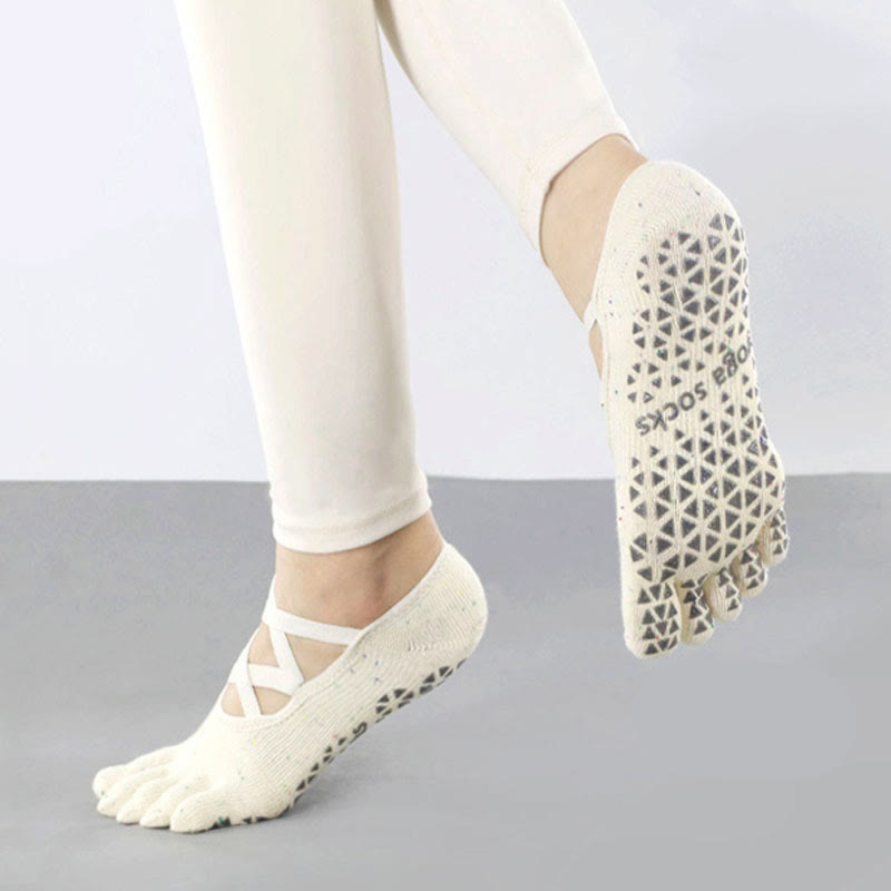 Chaussettes de Pilates et de fitness Olivenorma antidérapantes avec bride croisée pour un maintien sûr des orteils et cinq brides pour les orteils. - Blanc cassé - 10 paires - image 8