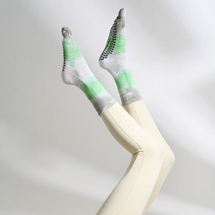 Chaussettes de sport et de yoga Olivenorma à cinq orteils, antidérapantes et tie-dye - Vert et gris - 2 paires - image 3