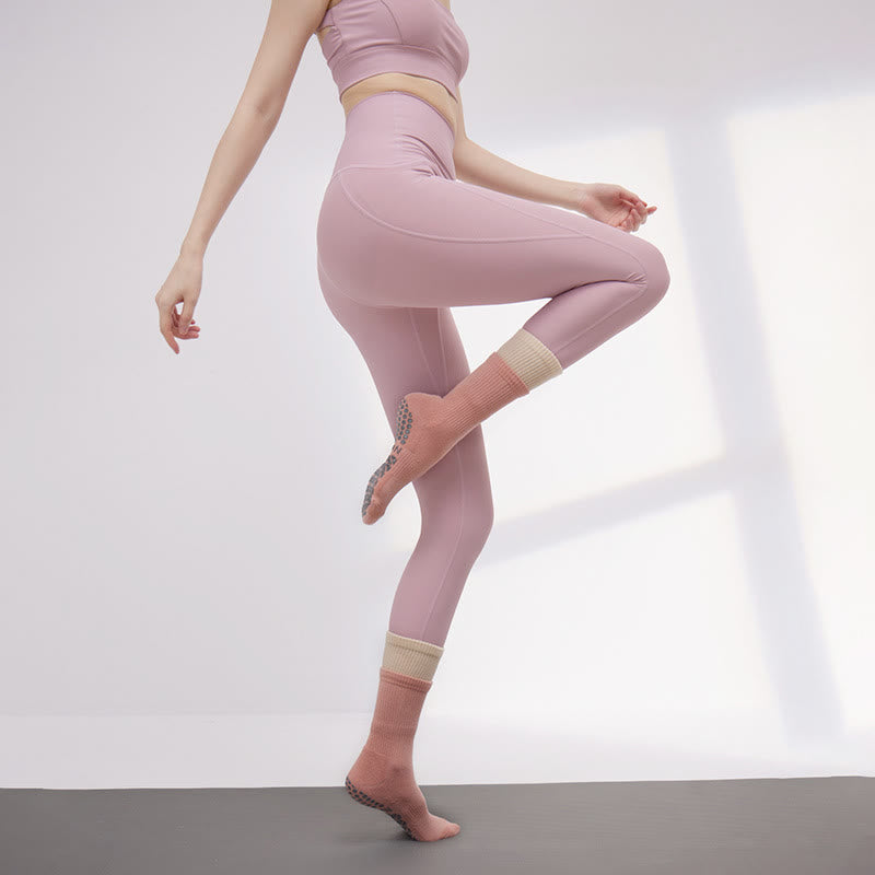 Chaussettes de yoga mi-mollet Olivenorma antidérapantes double couche - Rose et beige - 2 paires - image 5