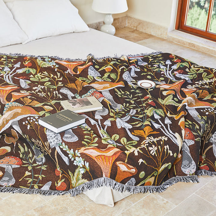 Couverture à franges Olivenorma Jungle Mushroom en mélange de coton et de fleurs - 130 x 160 cm - image 1