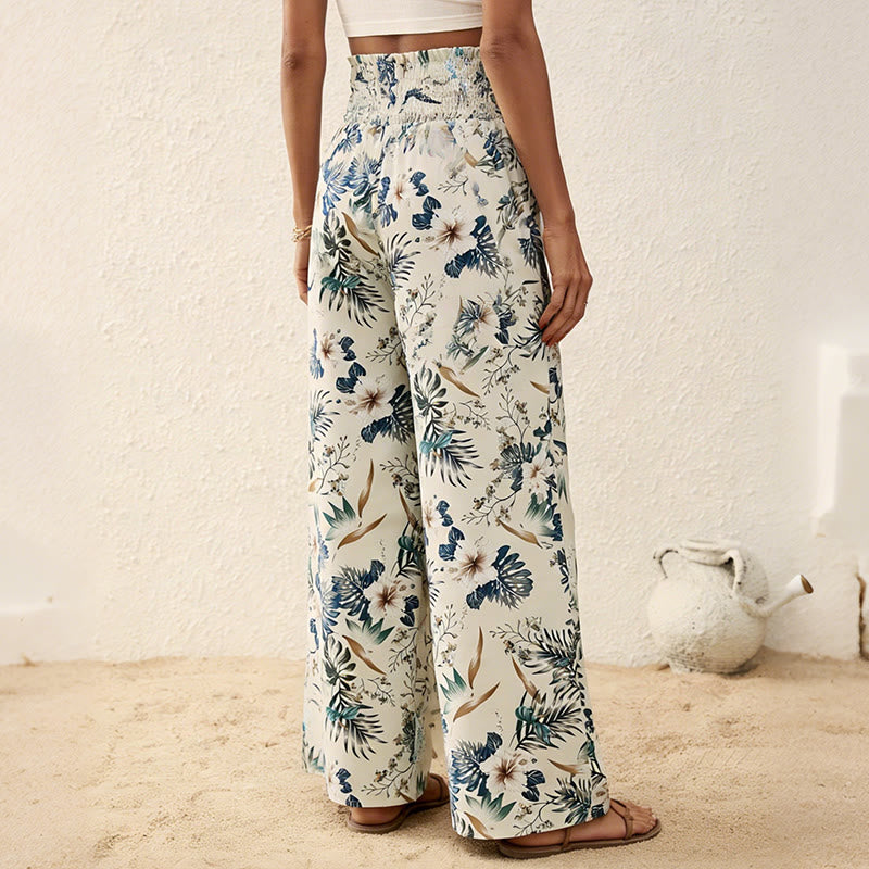 Pantalon Olivenorma bohème à imprimé arbres et oiseaux, orné de boutons et d'une taille élastiquée resserrée, jambes larges - image 1