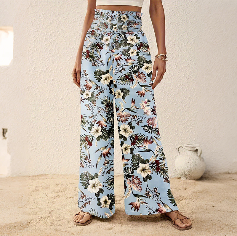 Pantalon Olivenorma bohème à imprimé arbres et oiseaux, orné de boutons et d'une taille élastiquée resserrée, jambes larges - Bleu clair - 2XL - image 9