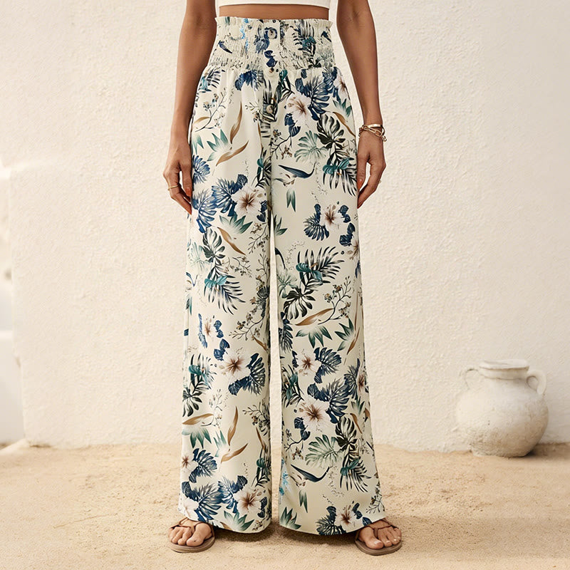 Pantalon Olivenorma bohème à imprimé arbres et oiseaux, orné de boutons et d'une taille élastiquée resserrée, jambes larges - Abricot - 2XL - image 0