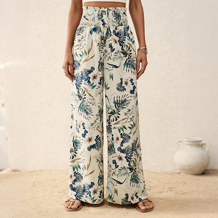 Pantalon Olivenorma bohème à imprimé arbres et oiseaux, orné de boutons et d'une taille élastiquée resserrée, jambes larges - Abricot - 2XL - image 0