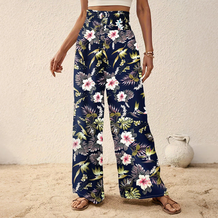 Pantalon Olivenorma bohème à imprimé arbres et oiseaux, orné de boutons et d'une taille élastiquée resserrée, jambes larges - Bleu marine - 2XL - image 6