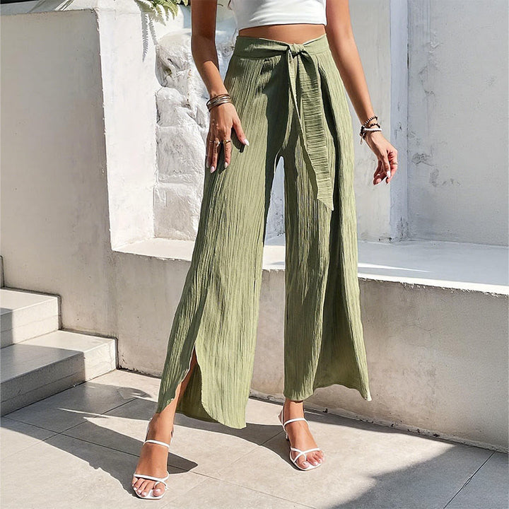 Pantalon Olivenorma bohème taille haute, fente, jambes larges et ceinture, idéal pour le printemps et l'été. - image 0
