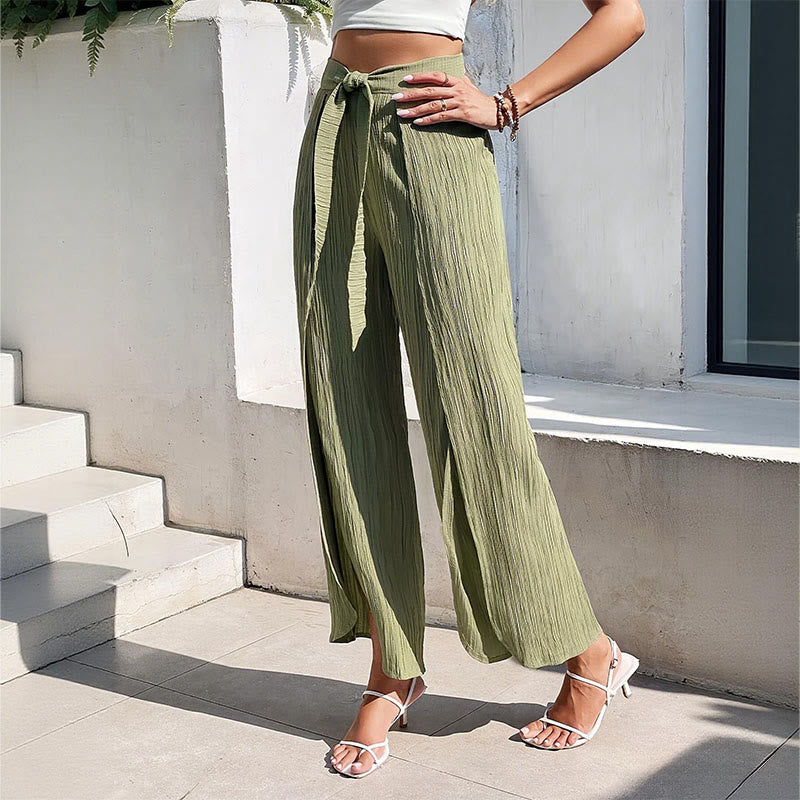 Pantalon Olivenorma bohème taille haute, fente, jambes larges et ceinture, idéal pour le printemps et l'été. - image 3