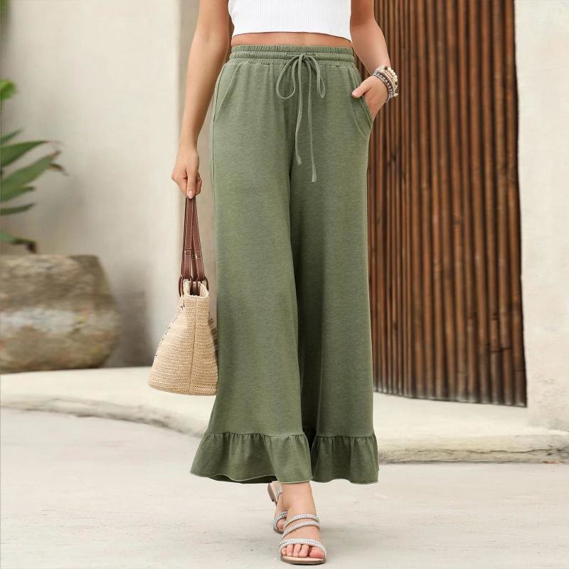 Pantalon d'été Olivenorma pour femme, ourlet à volants, coupe ample et confortable, taille neuf. - Vert olive - 2XL - image 5