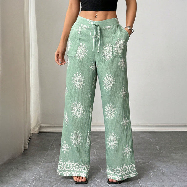 Pantalon Olivenorma pour femme, coupe ample, imprimé, jambes larges, taille élastique, confortable et élégant - Vert - XL - image 4